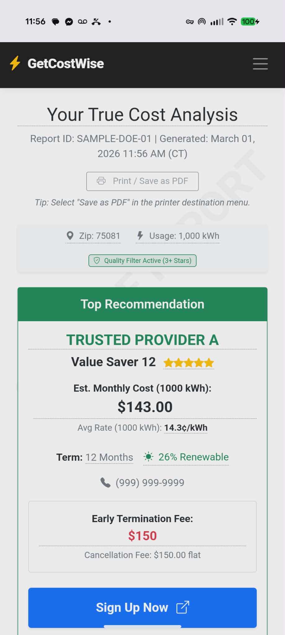 GetCostWise Mobile Report Screenshot